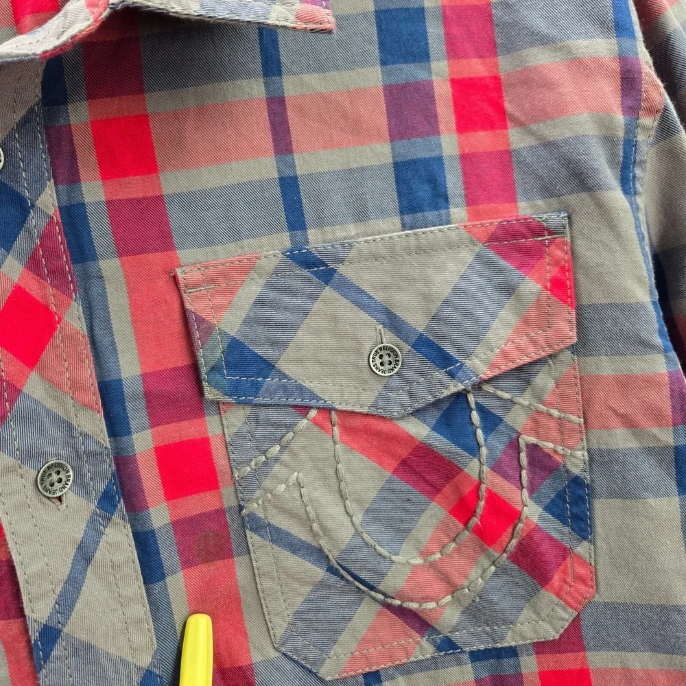 True Religion Men Button Up Shirt Large Red Plaid LS Utility READ